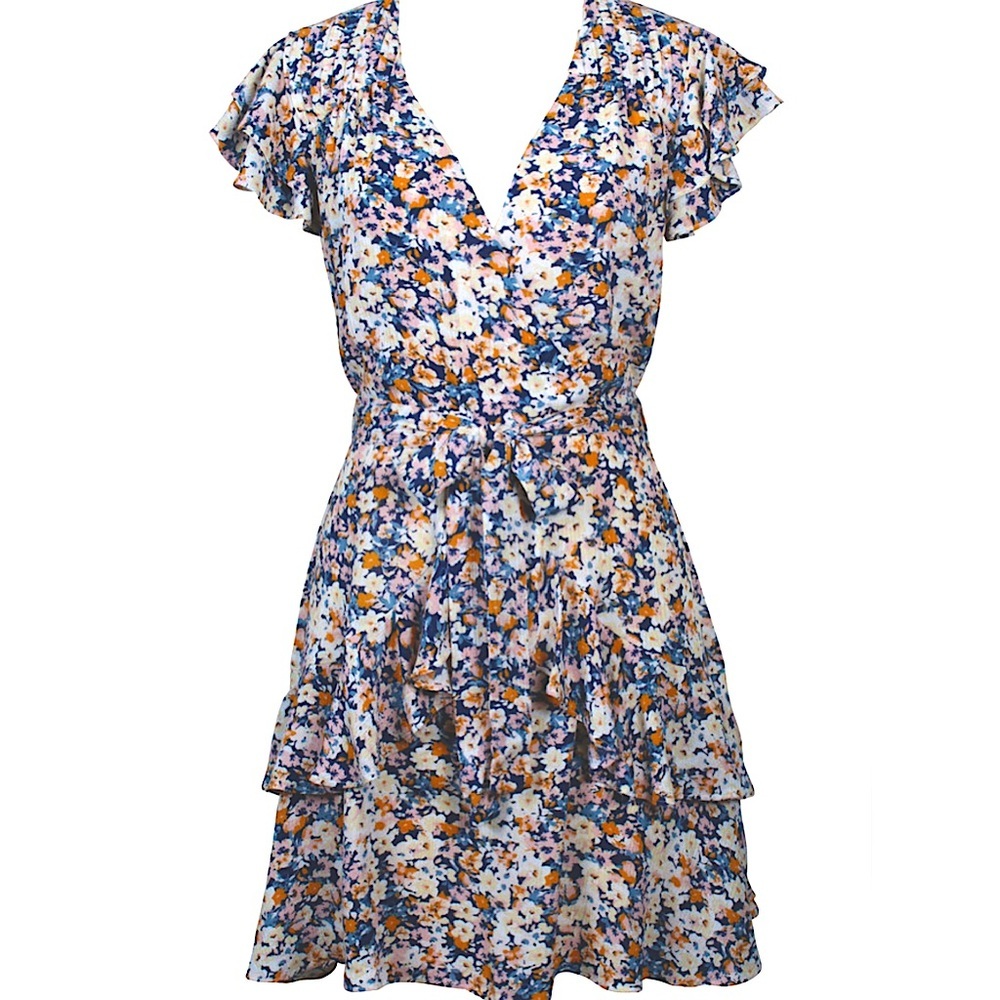 MINK PINK Dress Womens Small Floral Print Good Girl Faux Wrap Flutter Sleeve - Picture 4 of 11